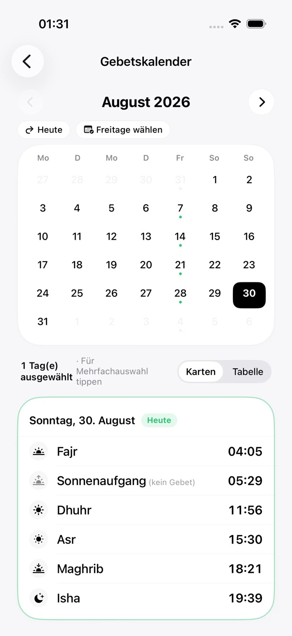 Gebetskalender in der Monatsansicht