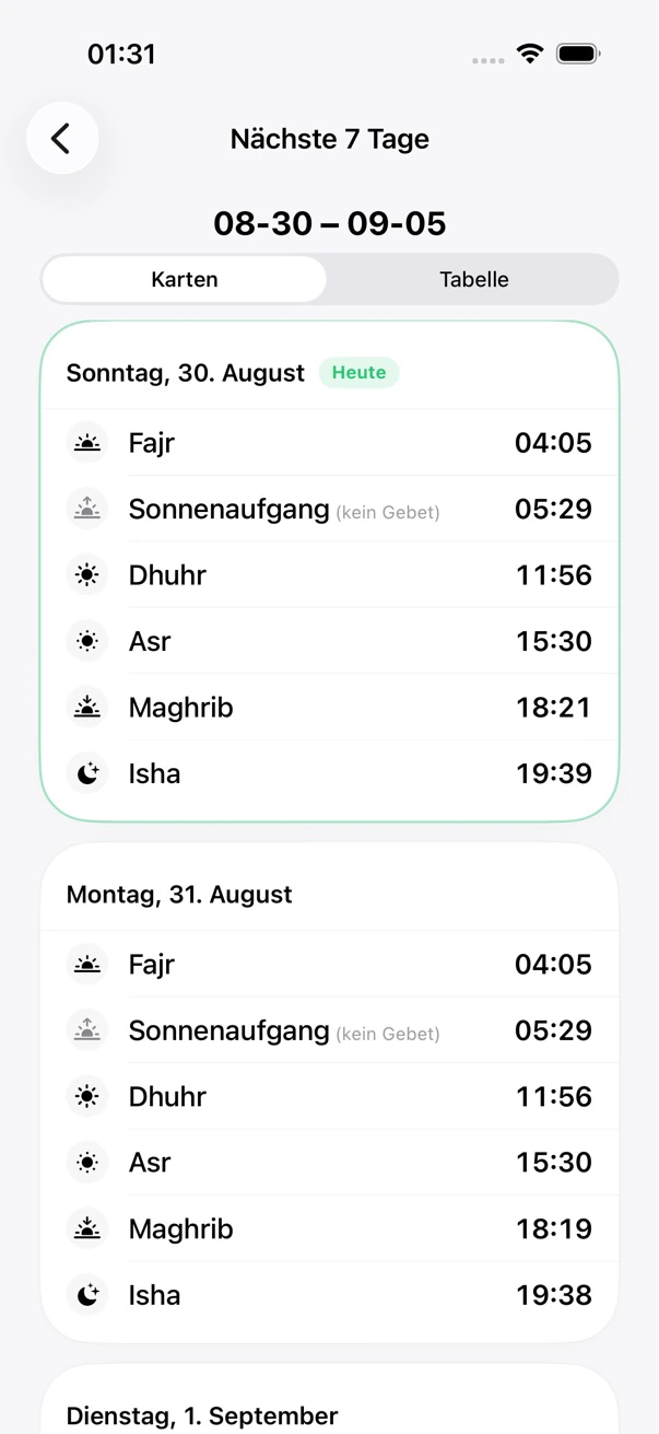 Gebetskalender in der Wochenansicht