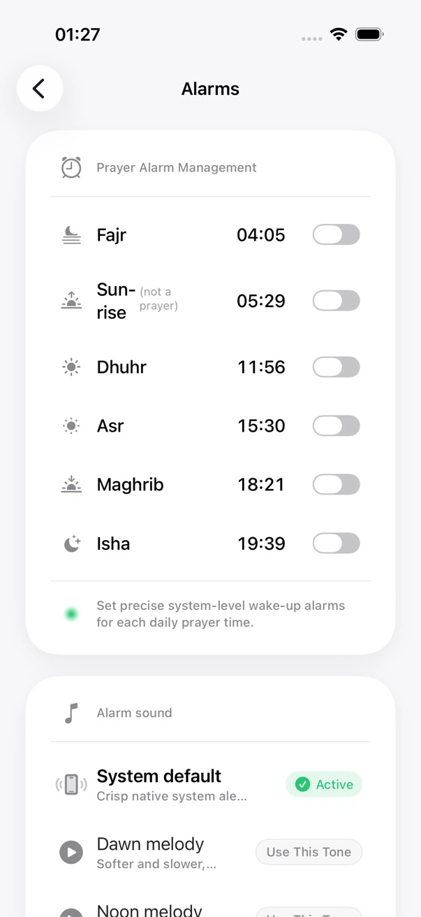 MADAR prayer alarms screen