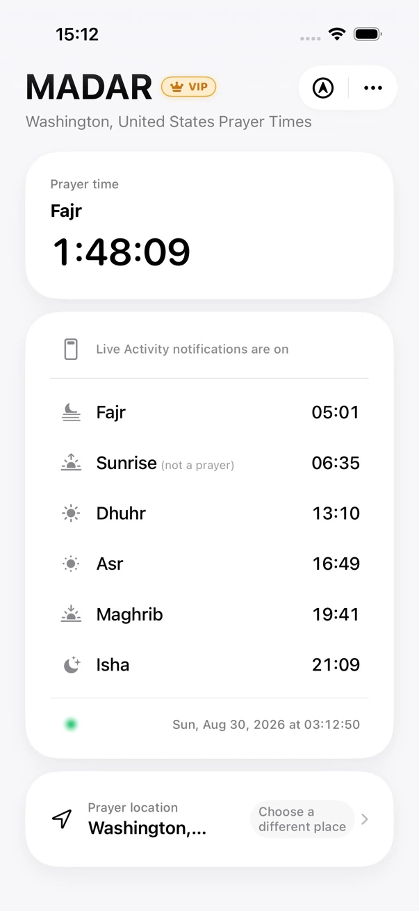 MADAR prayer times home screen