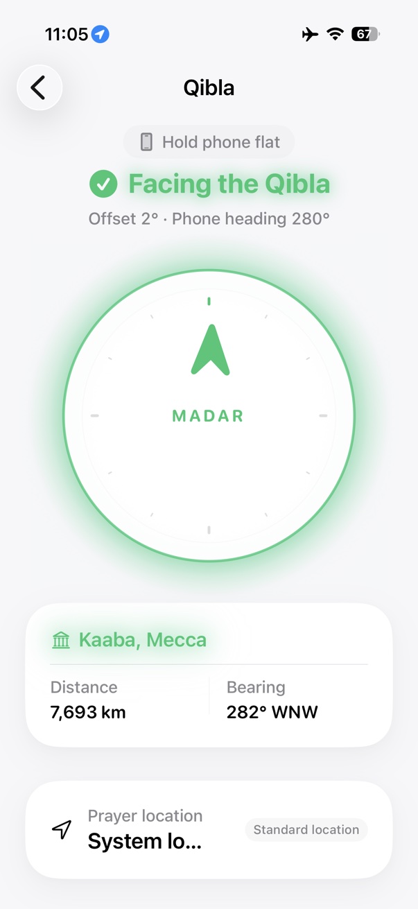 Qibla direction screen