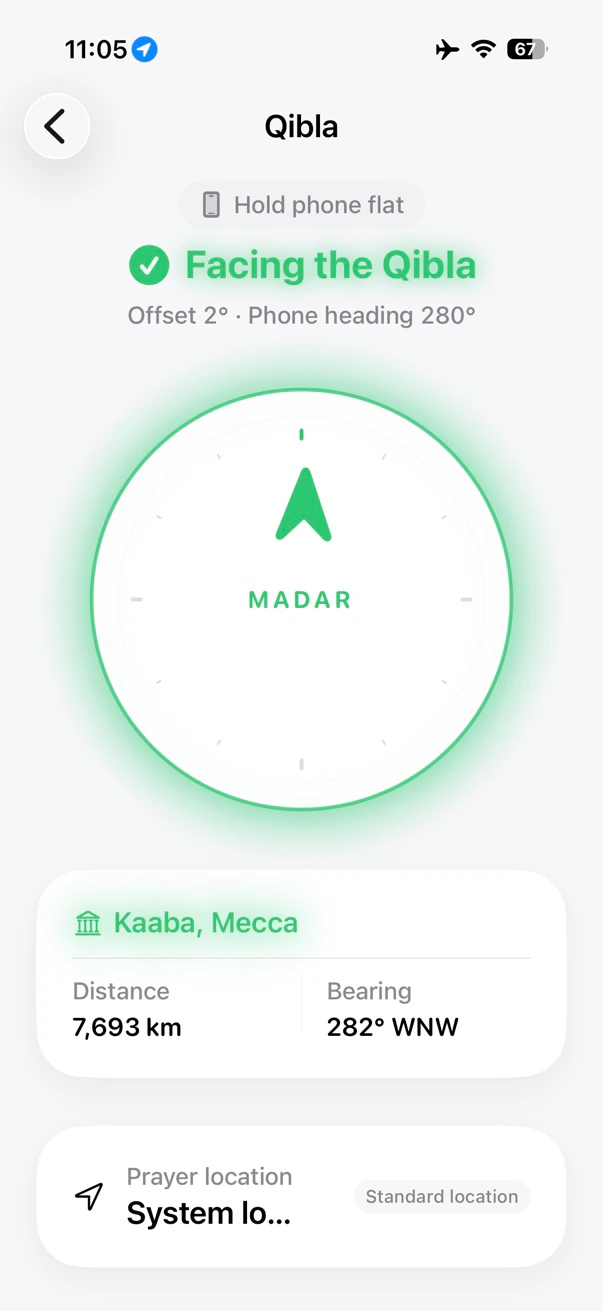Qibla direction screen