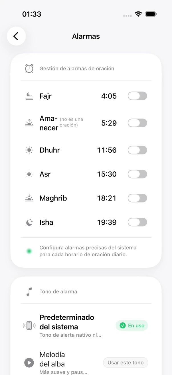 Pantalla de alarmas de oración de MADAR