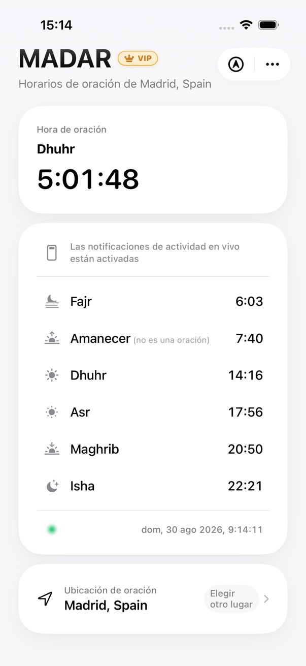 Pantalla de inicio de MADAR con horarios de oración
