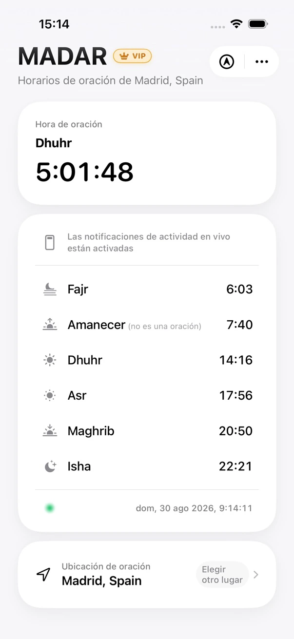 Pantalla de inicio de MADAR con horarios de oración