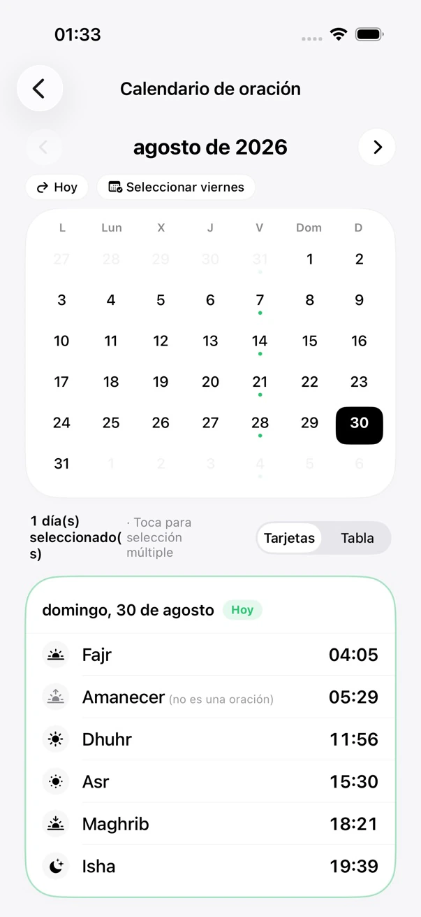 Calendario de oración en vista mensual