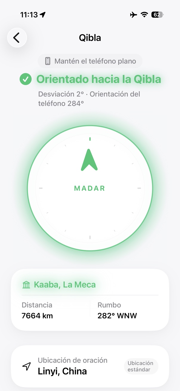 Pantalla de dirección de la Qibla