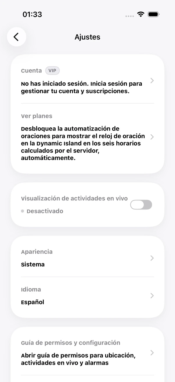 Pantalla de ajustes de MADAR