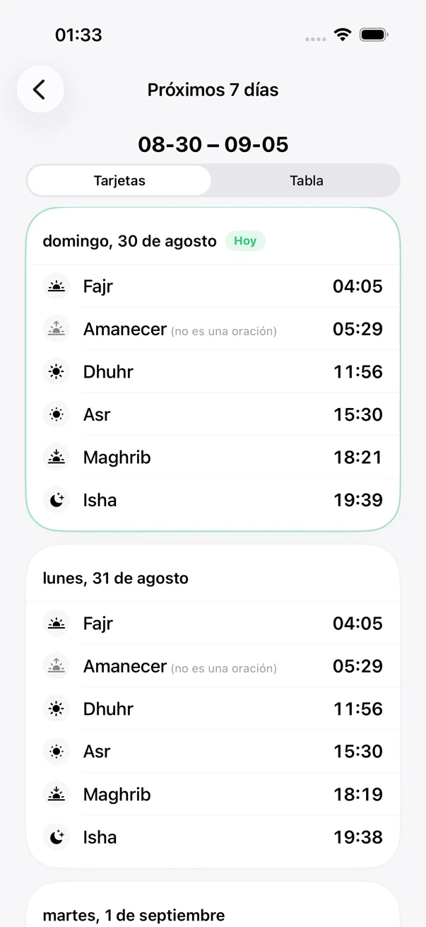 Calendario de oración en vista semanal