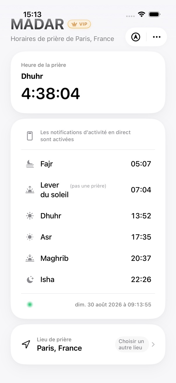 Écran d’accueil MADAR avec les heures de prière