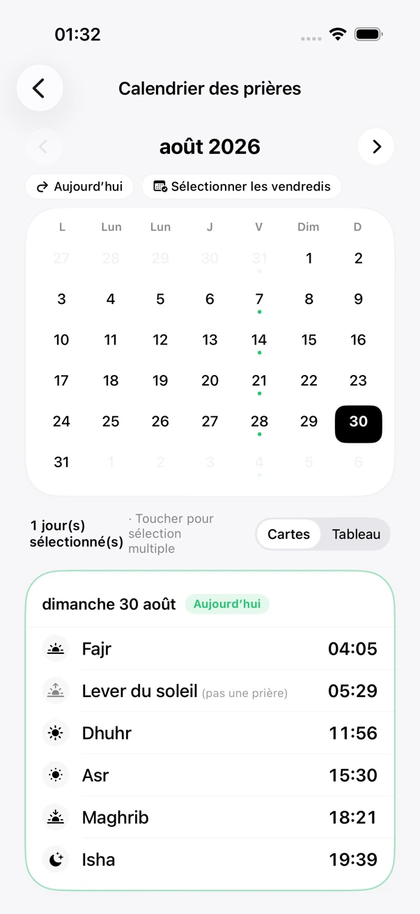Calendrier des prières en vue mois