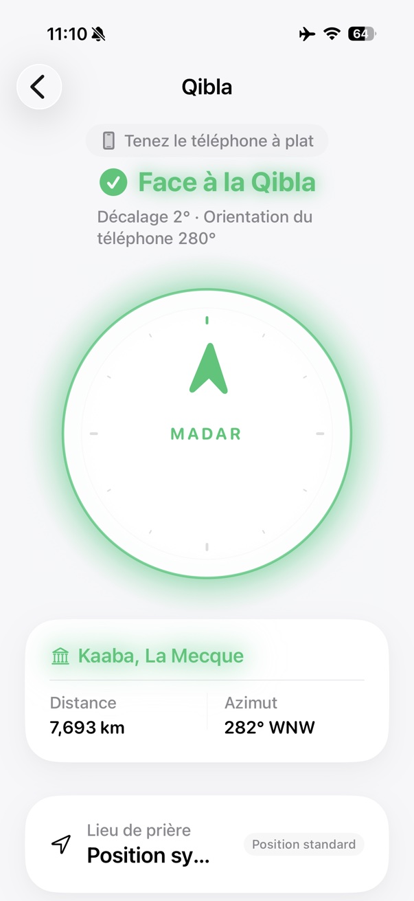 Écran de direction de la Qibla