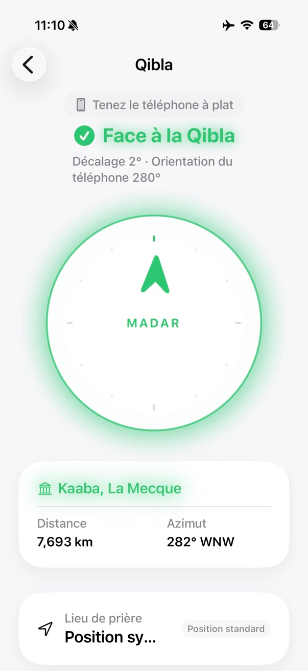 Écran de direction de la Qibla