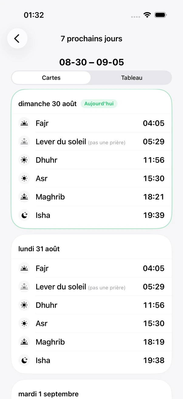 Calendrier des prières en vue semaine